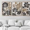 Large Framed Canvas Wall Art - Natural Float Framed Rustic Black Flowers Leaves Pictures Decor Brown Floral Foliage Artwork for Bedroom Living Room Kitchen Home Office Decoration 48" X 24" Set of 3, 16" X 24" X 3pieces Framed