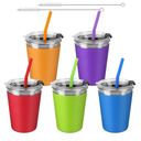 ShineMe 5Pack Kids Cups with Straws and Lids Spill Proof, 12oz Toddler Straw Cups with Colorful Silicone Sleeves, Unbreakable Stainless Steel Water Tumblers for Cold & Hot Drinks