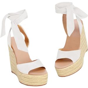 Womens Espadrilles Wedges Sandals Heels Open Toe Tie Lace Up Platform Ankle Strap Summer Dress Shoes (11, White)