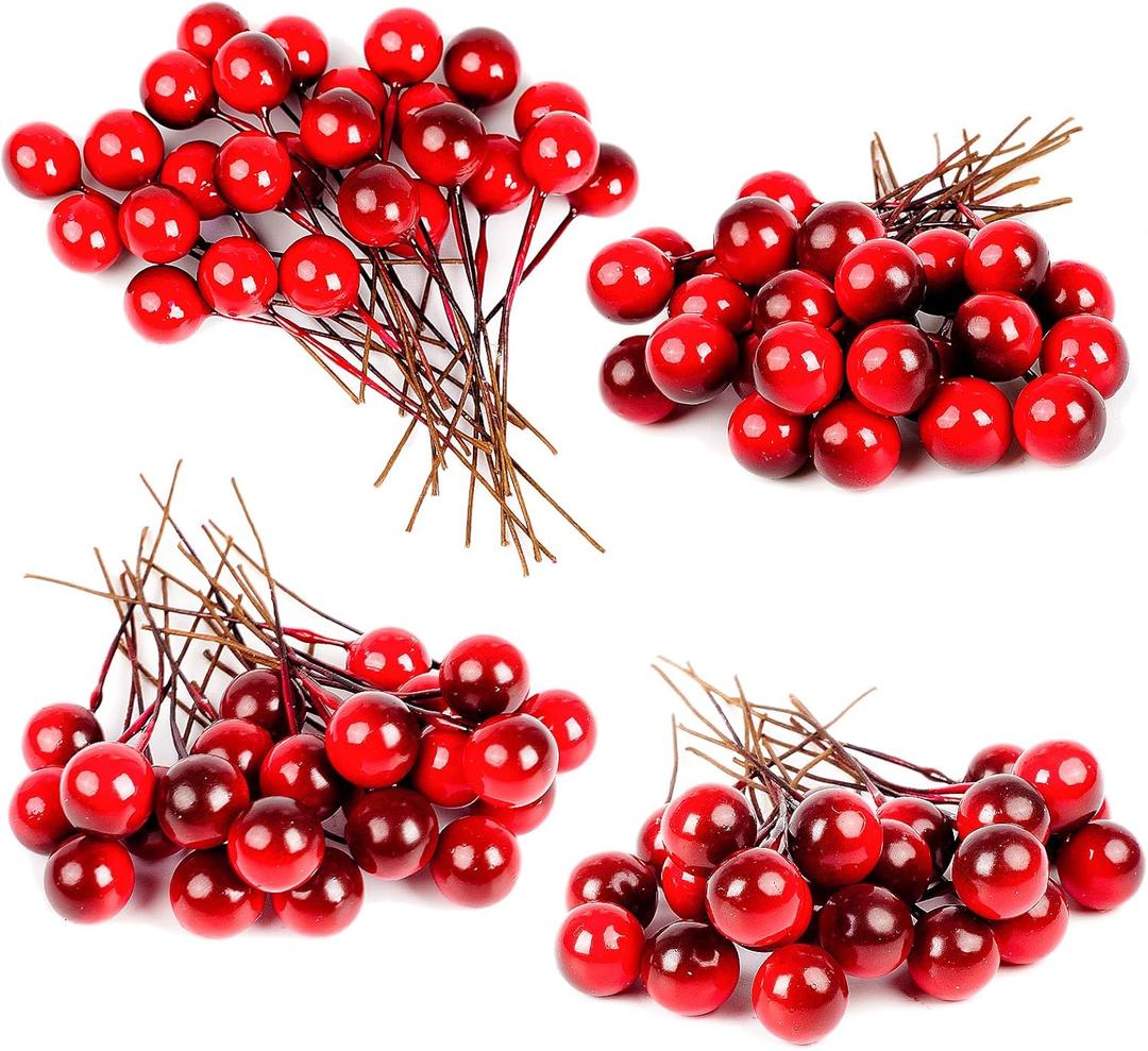 DERAYEE 100 Pcs Artificial Holly Berries, Wine Red 10mm Mini Christmas Fake Berries Decor with Wire Stems for Xmas Wreath DIY Crafts Christmas Tree Garland Table Centerpieces Decorations