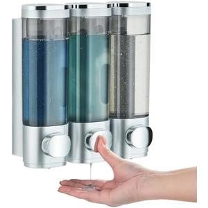 Shampoo and Conditioner Dispenser, Pollock Shower Soap Dispenser 3 Chamber No Drill, Wall Mounted Shampoo Body Wash Conditioner for Bathroom Large Capacity Silver