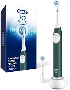Oral-B Rechargeable Electric Toothbrush, iO2 Starter Kit, 3 Cleaning Modes, Automatic Pressure Sensor to Protect Gums, 2 Brush Heads, Forest Green