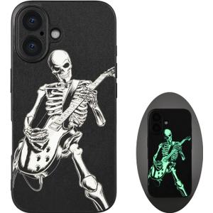 Skull Phone Case for iPhone 16, Skeleton Playing Guitar, Cool Goth Edgy Gothic Emo Luminous Design, Rock n Roll Style, Light Up Glow in The Dark, Leather Finish (iPh 16-Skeleton Playing Guitar)