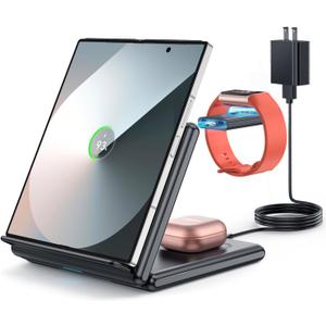 GEEKERA Wireless Charger for Samsung, 3 in 1 Foldable Wireless Charging Station for Samsung Galaxy Z Flip/Fold 6 5 4 3, S24 S23 S22 S21 S20 Ultra Plus, Fitbit Watch Charge 6/5/Luxe, Buds 2 Pro/Live