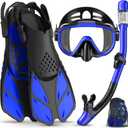 Snorkeling Gear for Adults Men Women,4 in 1 Snorkel Set with Panoramic View Diving Mask Anti-Fog Anti-Leak,Dry Top Snorkel,Fins and Travel Bag for Swimming,Snorkeling and Travel Diving (Small-Medium, BLUE)