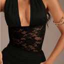 SOLY HUX Women's Lace Halter Mini Dress Deep V Neck Sleeveless Bodycon Party Cocktail Dresses (Black, XS)