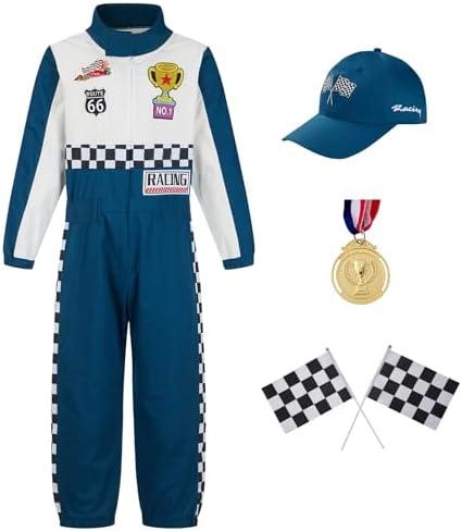 Kosgraiy Race Car Driver Costume Boy Girl,Kid Racer Jumpsuit with Car Cap,Toddler Racing Costume Halloween with Accessories, Size 110