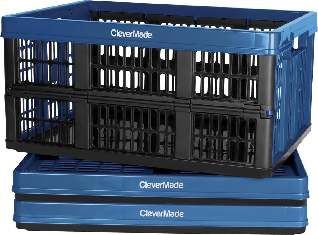 CleverMade Collapsible Utility Crates, Ocean, 3 Pack, 45L/11 Gal, 66 lbs Capacity, Stackable Containers, Heavy Duty, Space-Saving Baskets, Polypropylene (PP)