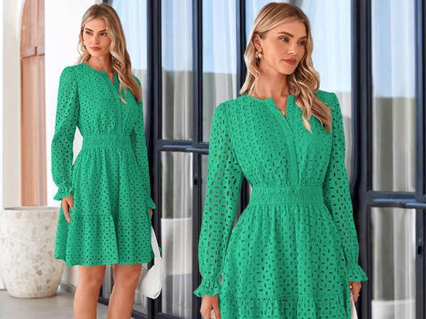 PRETTYGARDEN Women's 2025 Long Sleeve Mini Dress Eyelet V Neck A Line Casual Elegant Holiday Wedding Guest Party Dresses (Green,Large)