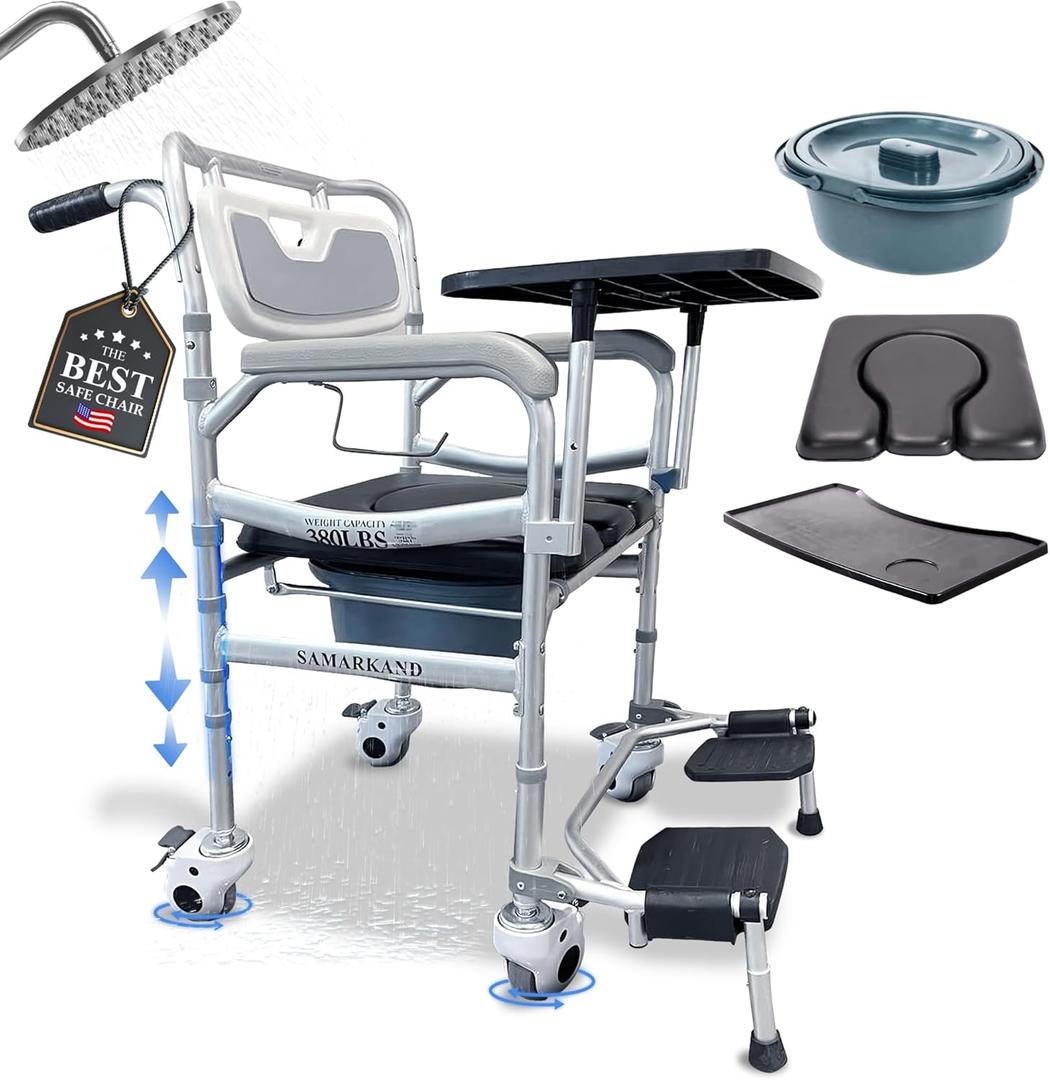 SAMARKAND 3 in 1 Commode Shower Chair with Wheels + Wheelchair Tray + Footrest – Rolling Shower Chair for Elderly and Disabled - Bedside Commode Toilet - Shower Wheelchair - Toilet Riser with Handles