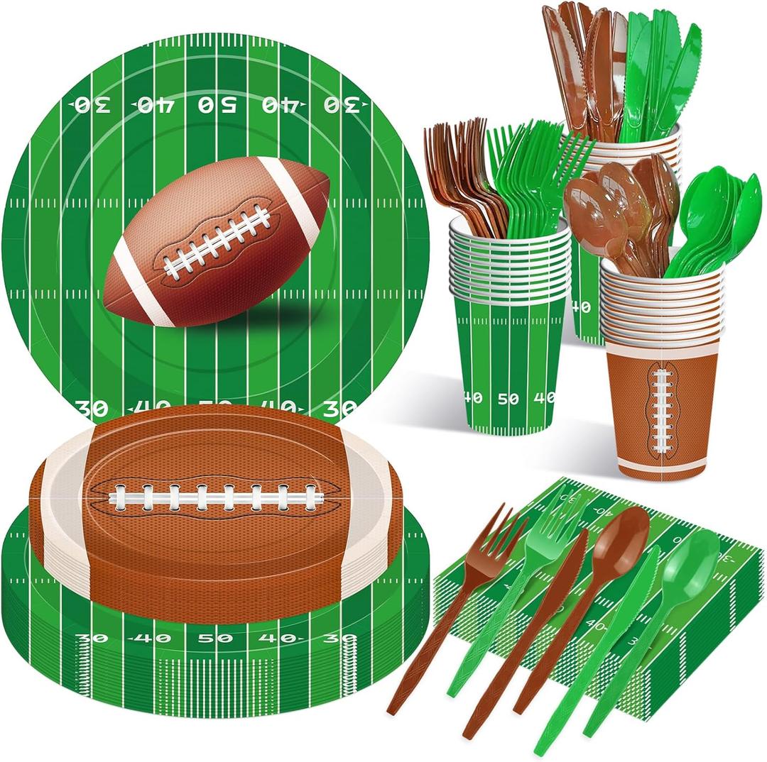 175 Pcs Football Tableware Set - Serves 25, Football Themed Disposable Plates, Cups, Napkins, Forks, Spoons, Knives for Game Events Birthday Party Supplies, Sports Holiday Gathering