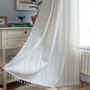 Sutuo Home Boho Curtain for Bedroom 96 Inches Long, Semi-Blackout Rustic Country Linen Embroidery Vintage Tassels Hollow Window Treatment Bohemian Drape, 1 Panel 52" W x 96" L, Ivory