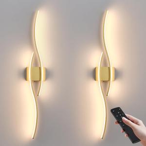 Battery Operated Wall Sconces Set of Two with Remote Control, Dimmable/3 Colors/Night-Light/Timer/Memory, Gold Modern Wireless LED Sconce for Living Room, Hallway, Bedroom, 39.3 Inch (2 Pack)