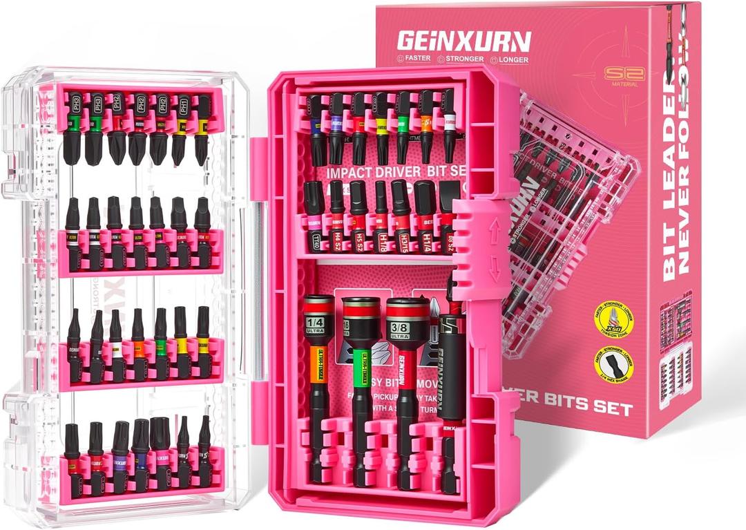 47Pieces Impact Screwdriver Bits Set, Magnetic S2 Steel 1 Phillips/Square/Torx/Slotted/Hex/Security Torx Bits Tips,Impact Bit Holder with Pink Storage Box Case