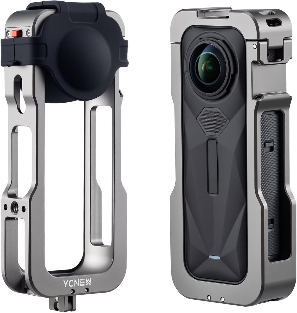 Cage for insta360 X5, Thickened Aluminum Protective Case with Silicone Lens Cover, Built-in Dual Cold Shoe Mounts & 1/4" Screw Holes, Outdoor Cycling and Skiing Camera Protection