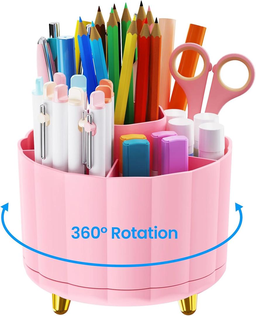 360 Rotating Desk Organizer for Women, 6 Compartment Pen Holder, Cute Pencil Cup & Marker Organizer, Office Desk Accessories, Aesthetic Desk Decor, Workspace Organizers (Pink)