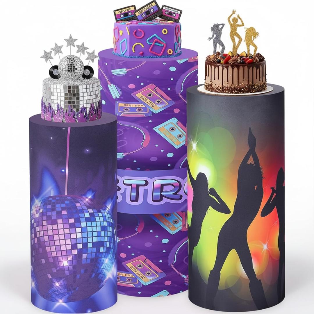 Mindsoft Set of 3 Kpop Theme Spandex Cylinder Stand Covers for Party, Music Cylinder Pedestal Covers, Dessert Tables Display for Disco Party Wedding Masquerade Backdrop Decor(Kpop Theme)