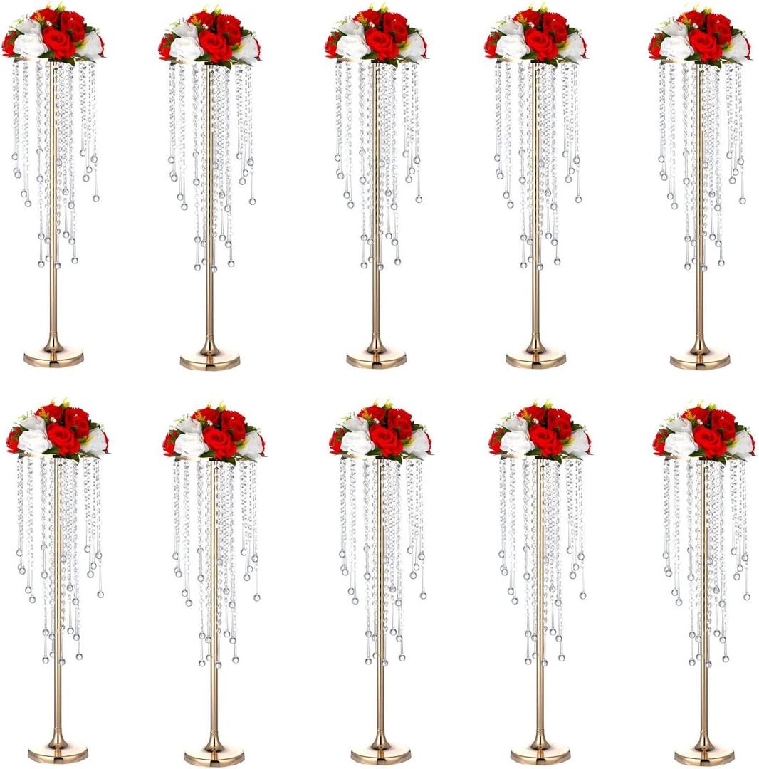 Bigsee 10 Pcs 29.5 inches Crystal Flower Stand Wedding Centerpieces for Tables, Tabletop Gold Metal Flower Arrangement Holder, Bulk Metal Vases for Reception Ceremony Decoration