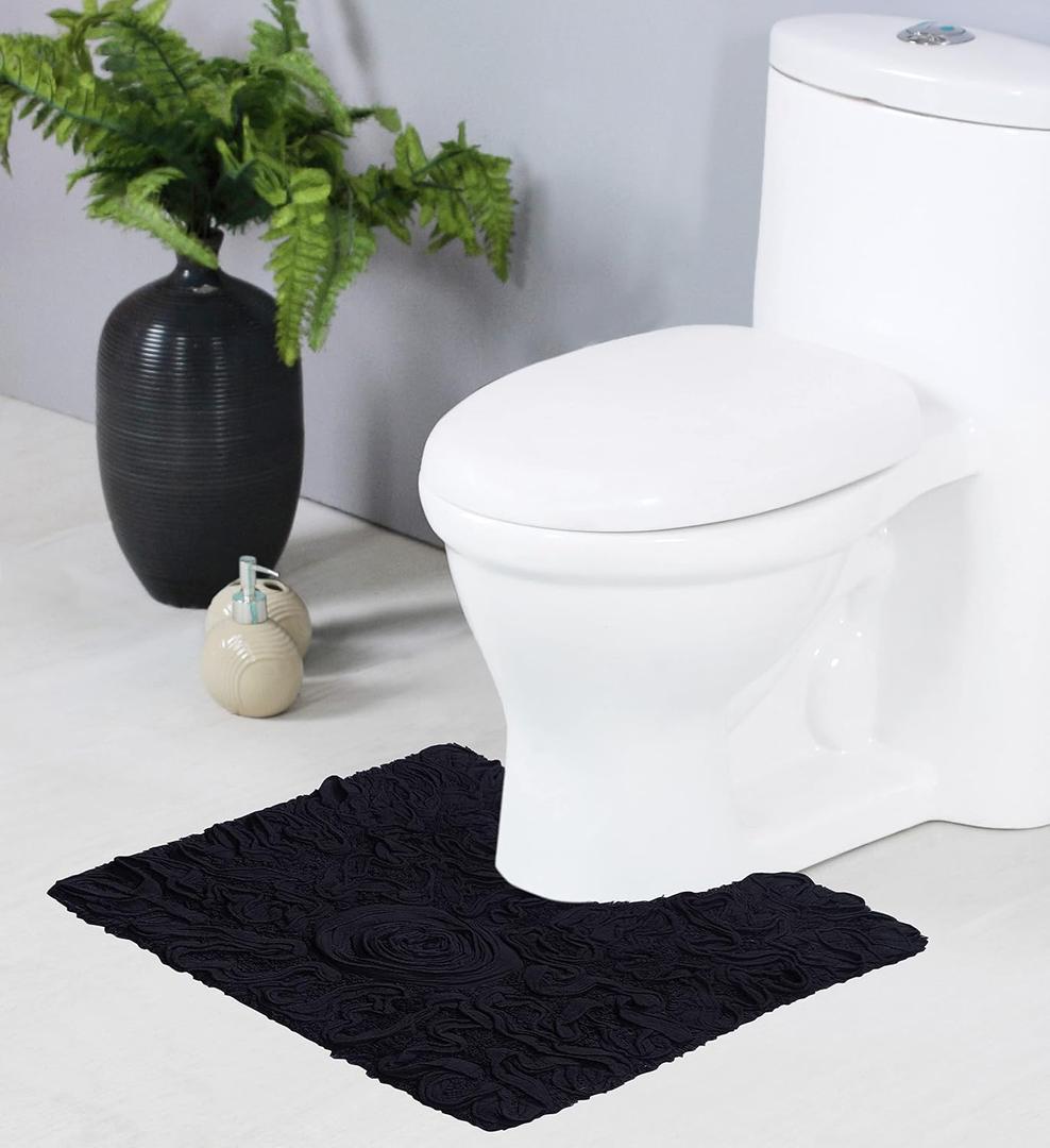 Home Weavers Bell Flower Collection 100% Cotton Tufted Bath Rugs, Extra Soft and Absorbent Bath Rugs, Non-Slip Bath Mats, Machine Washable, Bath Mats for Bathroom Floor and Tub, 20"x20" Contour, Black