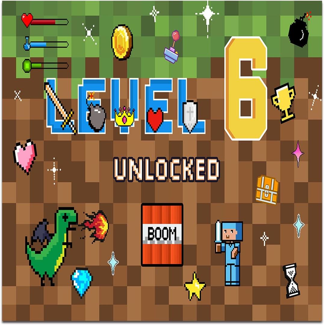 Pixel Backdrop 6 Year Old Birthday Party Decoration 6x6Ft Video Game Themed Banner Gaming Gamer Photo Background for Kids Boy Cake Table Supplies
