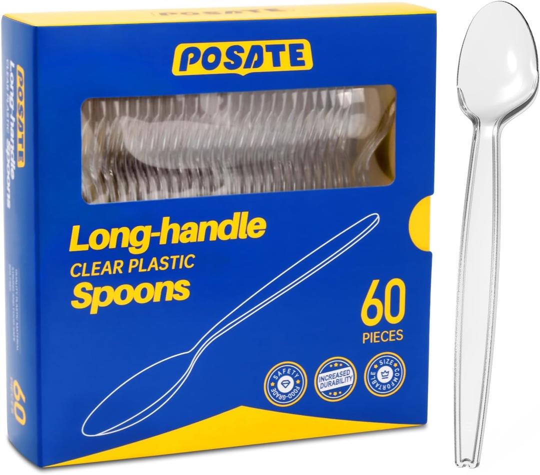 POSATE 7.1" Plastic Spoons (60 Count), Heavy Duty Clear Disposable Spoons