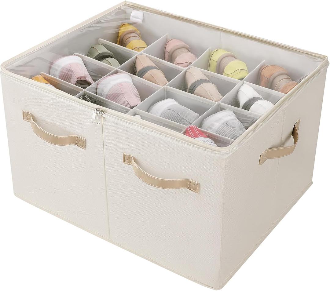 Shoe Organizer for Closet, Foldable Shoe Box with Adjustable Dividers and Clear Cover, Space Saving Shoe Storage Organizer Cabinet with Reinforced Handles, Fits 16 Pairs, Beige TP09Y (Large(20.87''L x 16.54''W x 13.5''H))