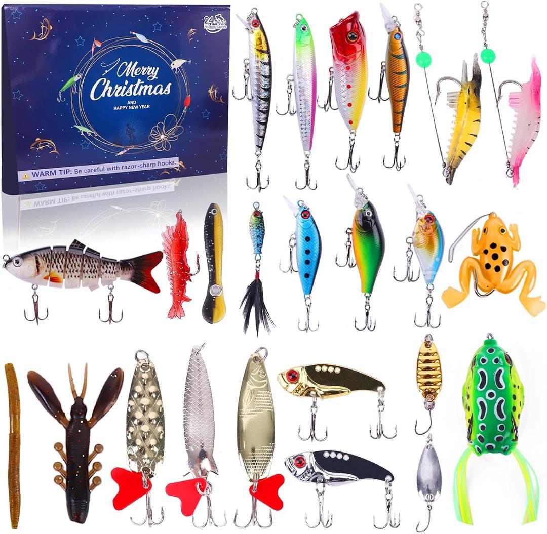 Fishing Advent Calendar 2025, Christmas Countdown 24 Days Fishing Lures Set for Fisher Adults Men Teen, Christmas Gifts Fishing Tackle Box