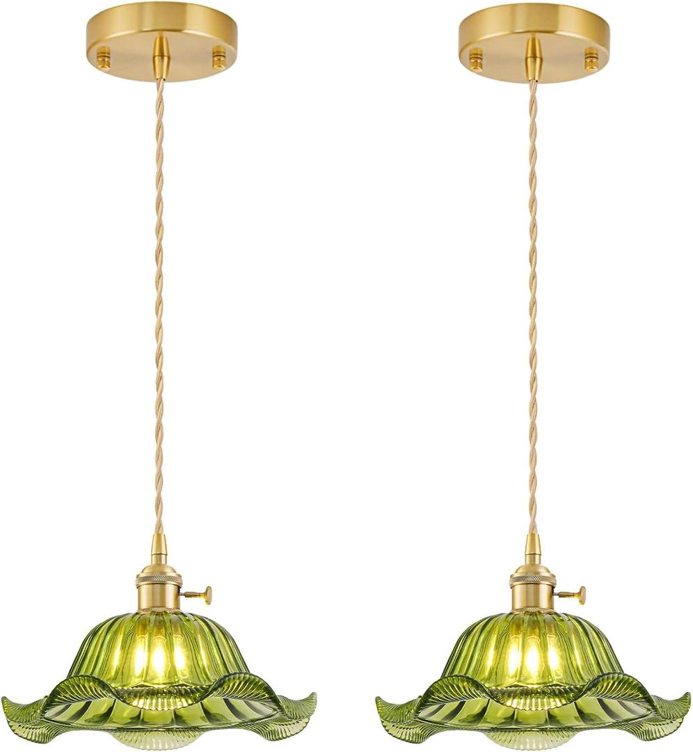 Vintage Pendant Lights Kitchen Island 2 Pack, Adjustable Pendant Light Fixtures with Green Lily Glass Lampshade, Gold Kitchen Pendant Lighting Over Island, Pendant Light for Dining Room Hallway