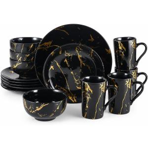 16-Piece Porcelain Dinnerware Set for 4, Black Gold Marble | Includes 4 dinner plates, 4 salad plates, 4 bowls, and 4 mugs. Microwave and dishwasher safe for everyday dining.