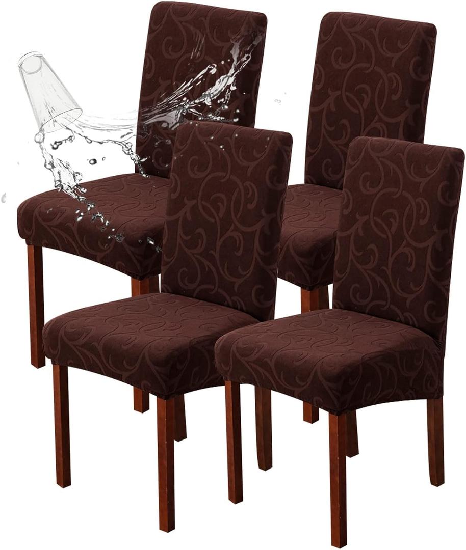Genina Waterproof Dining Room Chair Covers Stretch Parsons Chair Slipcovers for Dining Room Kitchen Chair Protector Cover, Removable, Washable (4, Flower Pattern-Chocolate)