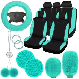 Fulmoon 17 Pcs Car Seat Cover Full Set for Women Universal Fit Car Front Rear Fluffy Steering Wheel Fleece Handbrake Shift Covers Hanging Accessory Holder Ring Emblem(Mint Green Black)
