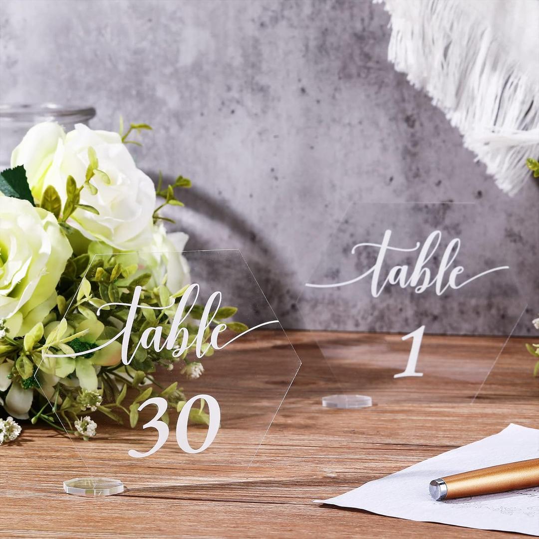 30 Pieces Acrylic Table Numbers 1-30 for Wedding Reception Clear Table Number Signs 1-30 with Stand Hexagonal Rectangle for Wedding Event Party Restaurant