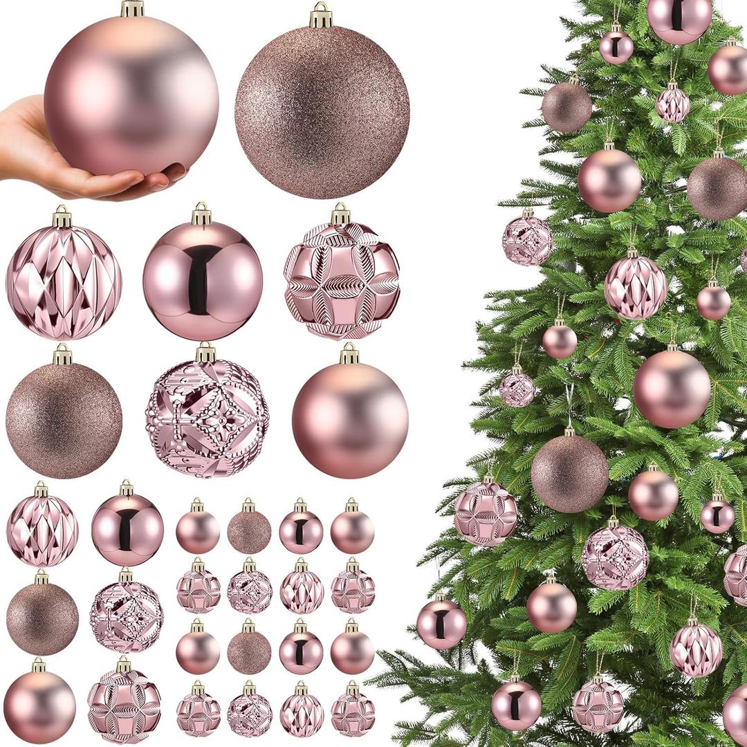 Soulchen 46 Pcs Rose Gold Christmas Balls Ornaments Set, 3.94/3.15/2.36/1.57 Inch Shatterproof Christmas Tree Hanging Plastic Balls Xmas Ornaments Decor for Xmas Tree Wreath Party Decoration Supplie