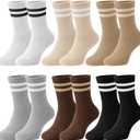 Newcotte 6 Pairs Cotton Crew Socks for Womens Striped Casual Crew Socks Brown Neutral Vintage Athletic Sock Size 5-11 (Beige)