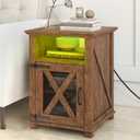 Livofloral Farmhouse Night Stands with Charging Station, End Tables with LED Lights, Bedside Table with Charger Station, Side Tables for Living Room with Storage & Barn Door, Rustic Brown End Table