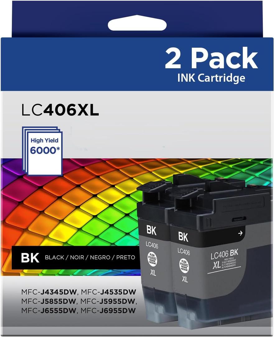 LC406XL Black Ink Cartridges Compatible for Brother LC406XL LC406 High Yield Work with Brother MFC-J4535DW MFC-J4335DW MFC-J5855DW MFC-J6555DW MFC-J6955DW Printer(2 Pack)
