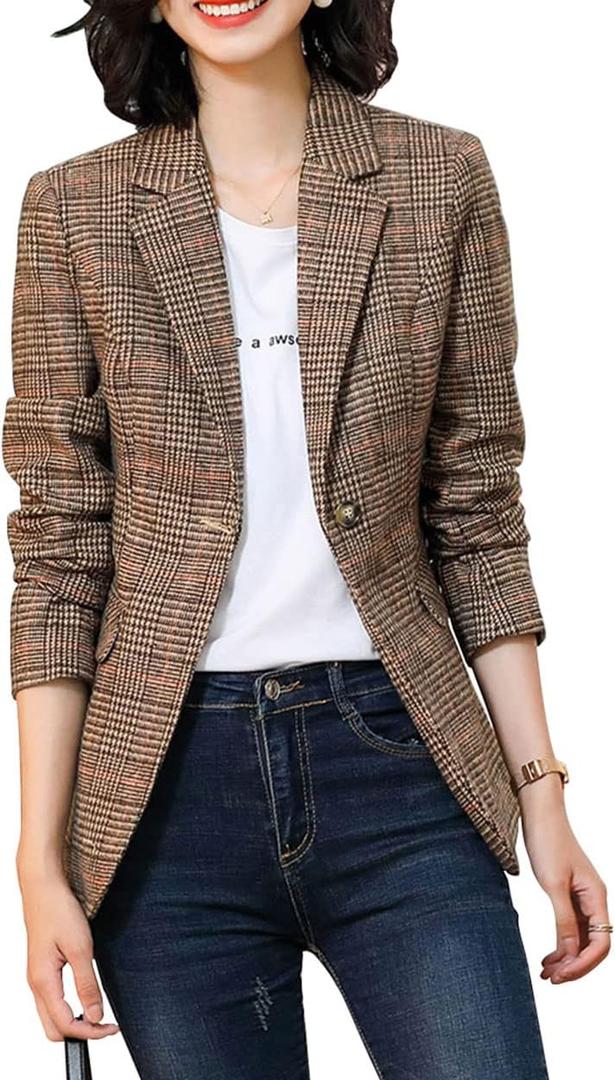 ebossy Women's Notch Lapel 2 Button Boyfriend Blazer Suit Houndstooth Plaid Jacket Coat (XX-Large, X-brown)