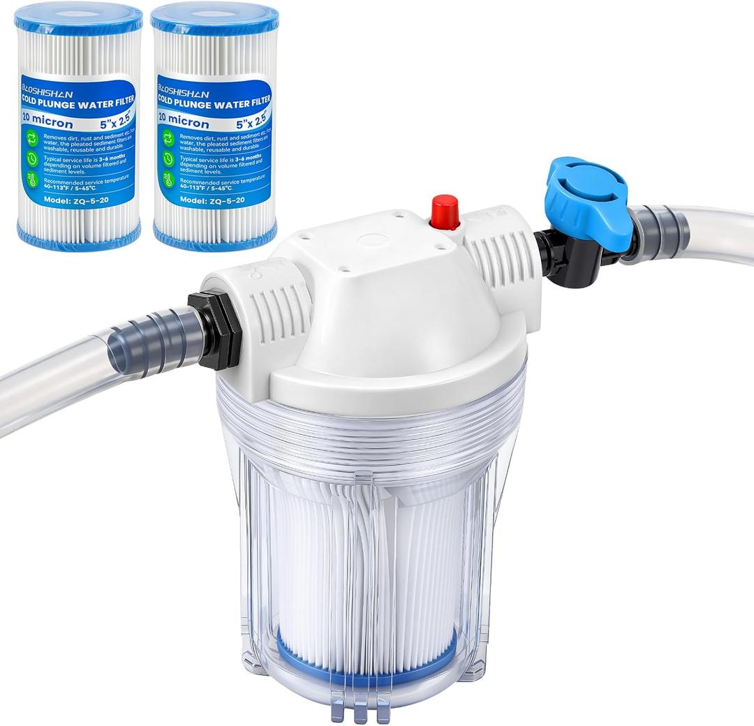 BAOSHISHAN Cold Plunge Water Filter, 5'' Housing with 1/2" FNPT Ports, Includes 3x20 Micron Pleated Cartridge,2 Fittings,Wrench,6.5ft Water Hose Easy Installation with Ice Bath Tubs and Chillers