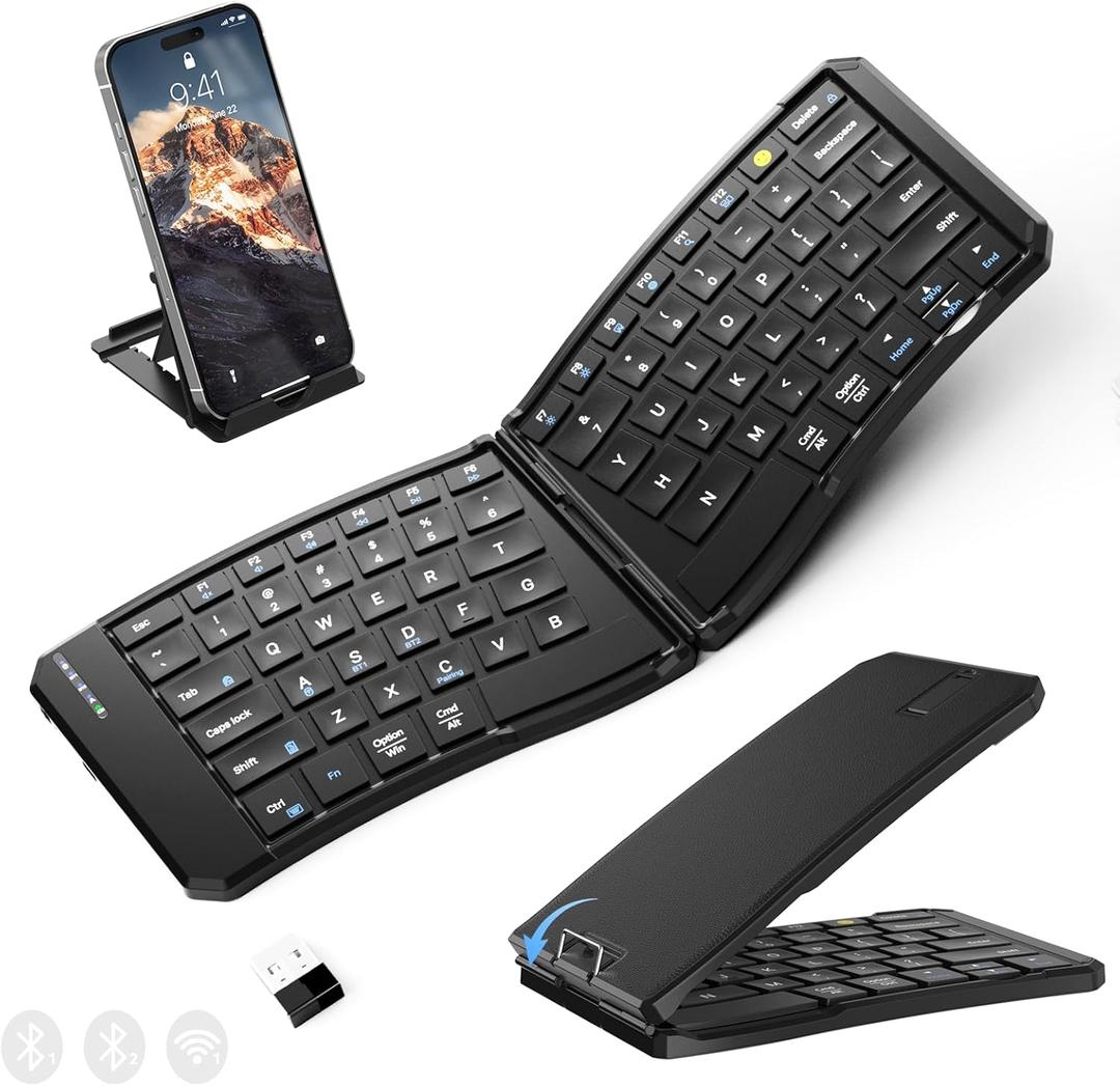 Ergonomic Foldable Keyboard, Portable Folding Travel Bluetooth Keyboard for Business and Travel, 3 Devices Dual-Mode(2.4G+BTx2) Ultra Slim Wireless Keyboards for Windows, iOS, Android, Use on the Leg