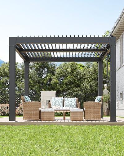 GarveeLife Louvered Pergola 10 ft x10', Outdoor Pergola with Adjustable Louvered Roof, Reinforced Aluminum Frame, Integrated Drainage System, Hardtop Gazebo for Patio, Deck, Gray