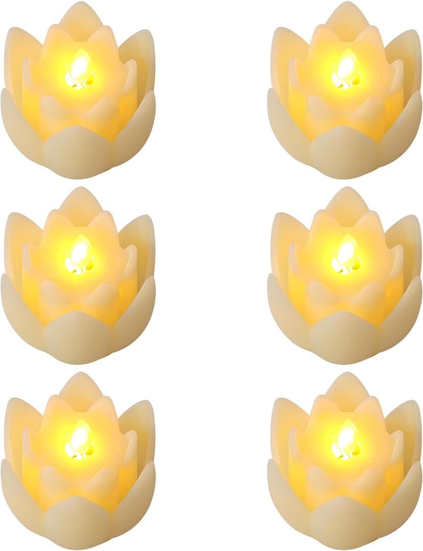 6 PCS Diwali LED Lotus Table Candles - 3 Lotus Lamps Electronic Buddhist Lights Battery Operated Buddha Flickering Warm White Lights for Home Decorative Temple Desktop Centerpiece