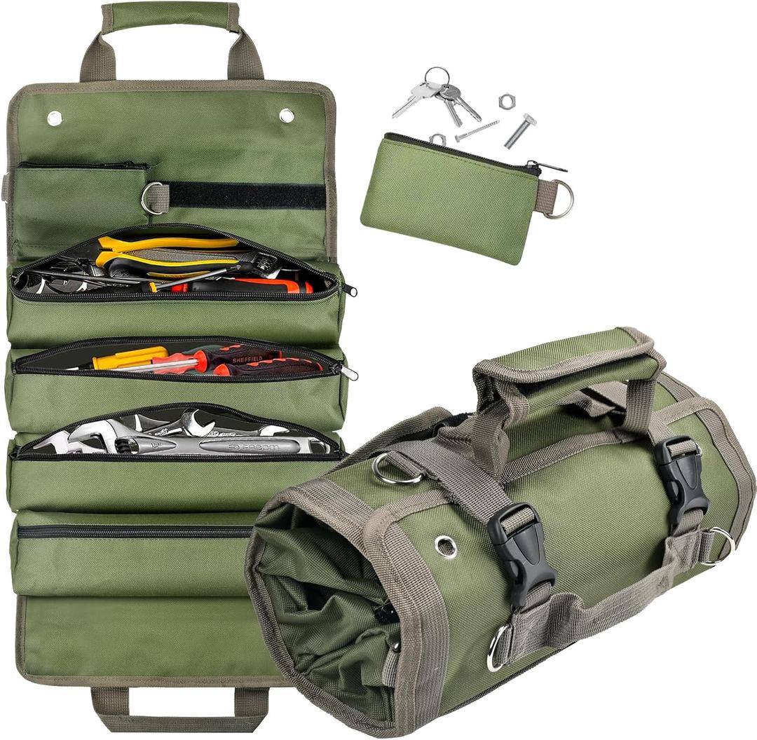 Tool Bag Organizer Roll Up: Gifts for Men Dad Valentines Day Gifts for Him Boyfriend Husband Birthday Portable Motorcycle Tool Box Woodworking Gift for Mechanic Craftsman Electrician Rollup Toolbag (Green)