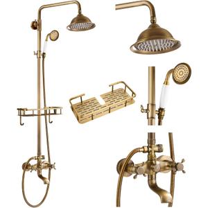 gotonovo Bathroom Exposed Shower Faucet Outdoor Shower System 8 Inch Rainfall Shower Head Set with Tub Spout and Handheld Spray Double Cross Handles Wall Mount with Shower Shelf Antique Brass