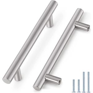 Probrico 12 Pack 5" Holes Cabinet Pulls Brushed Nickel Finished, Stainless Steel Kitchen Cupboard Handles Euro T Bar Cabinet Handles and Knobs, 7-1/2" Overall Length
