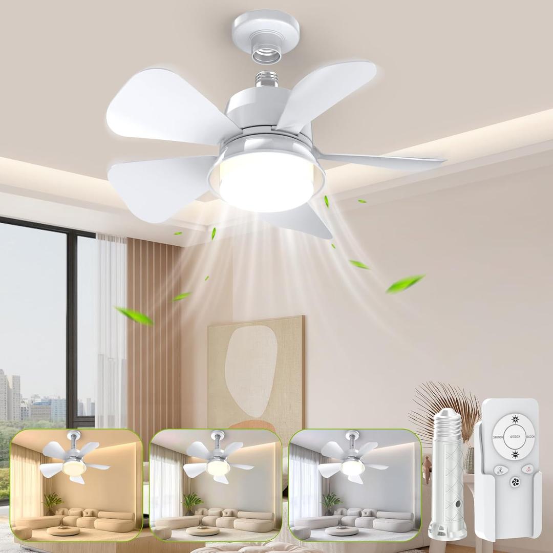 Socket Fan Light, 2 In 1 Ceiling Fans with Lights and Remote, 3 Colors 3000K-6000K Dimmable Light Bulb, Socket Breeze Ceiling Fan Easy Screw in E26/E27 Light Base for Bedroom, Indoor, Kitchen 