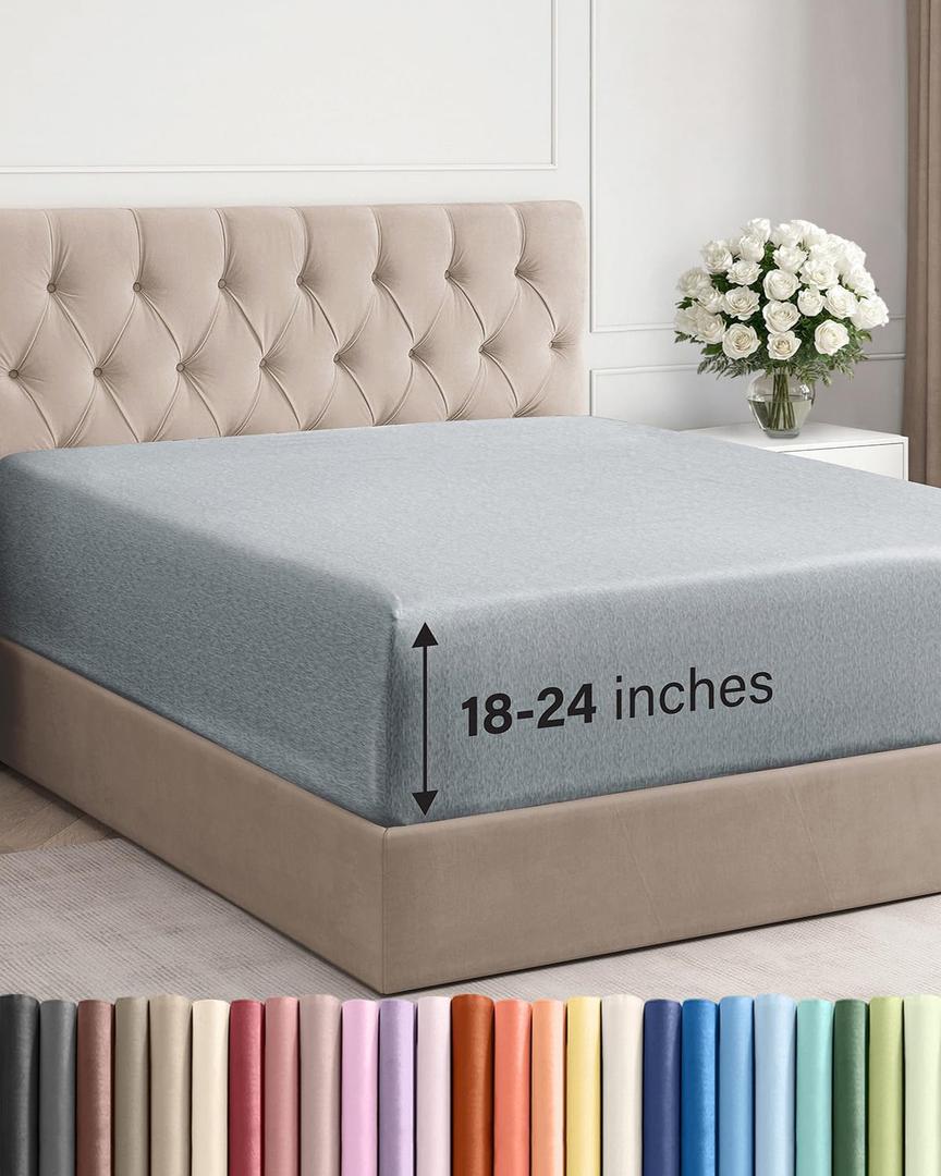 Extra Deep Queen Fitted Sheet - Hotel Luxury Single Fitted Sheet Only - Easily Fits 18 inch to 24 inch Mattress - Ultra Soft, Wrinkle Free w/Extra Deep Pockets - Breathable & Comfy - Heathered Blue
