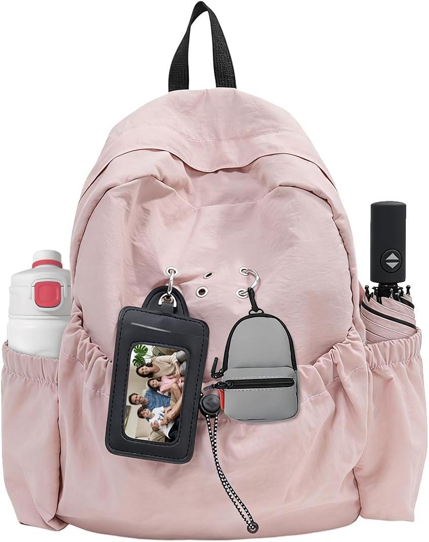 Mini Backpack for Women & Teen Girls, Lightweight Water-Resistant Nylon Backpack with Side Pockets, Detachable Pouch & Bonus PU Pouch (pink) (Pink)
