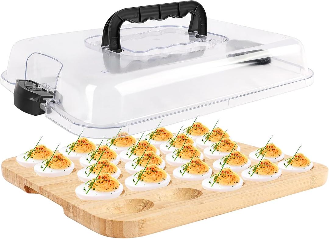Deviled Egg Containers with Lid, Wooden Deviled Egg Tray Platter with Handle for 24 Holes, Reversible Cheese Charcuterie Board, Serving Tray Egg Holder for Kitchen and Parties