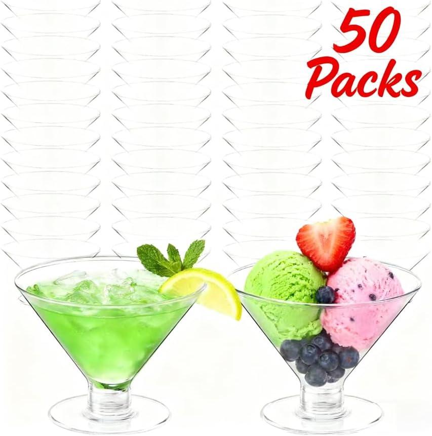 50 Pcs Disposable Plastic Martini Glasses for Parties 5oz, Unbreakable Clear Cocktail Dessert Parfait Glasses, Mini Martini Cups for Wedding Party Bowl Wine Ice Cream