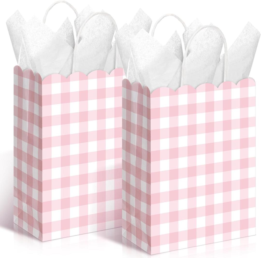 Kolldenn 24 Pcs Gingham Party Supplies Pink and White Gift Bags 8.27 x 6.3 x 3.15 Inch Kraft Paper Checkered Plaid Candy Goodie Party Favors Bags for Easter Picnic BBQ Birthday Baby Shower Wedding